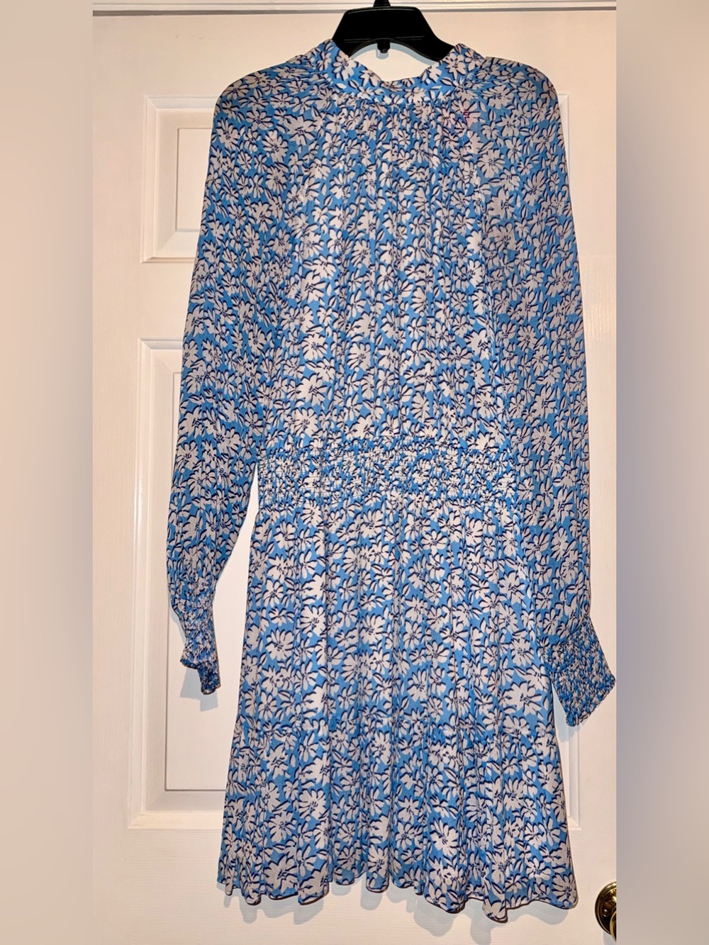 Blue and White Floral Long-Sleeve Smocked Waist Dress - Picture 5 of 6